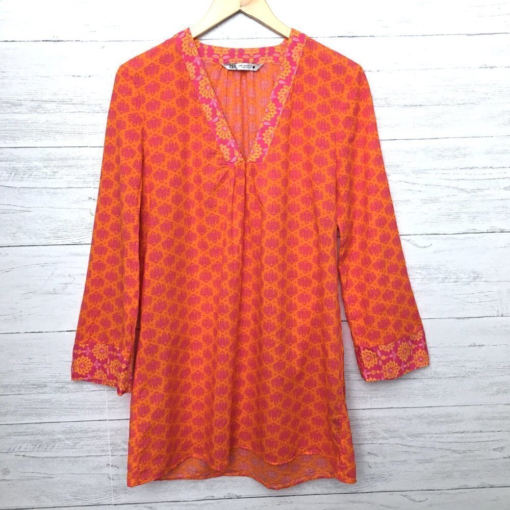 Zara Women's Pink and Orange Print Dress Long Sleeves V-Neck Lightweight size S